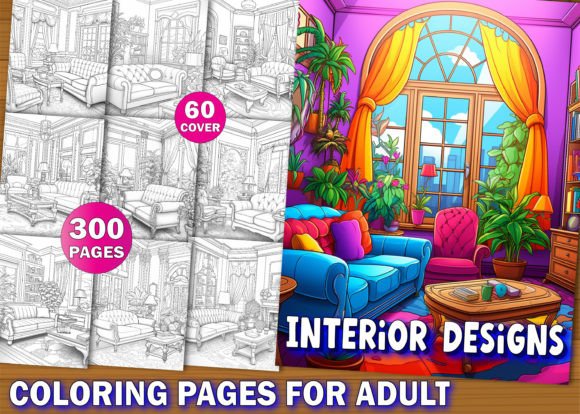 300 Interior Designs Coloring Book Pages
