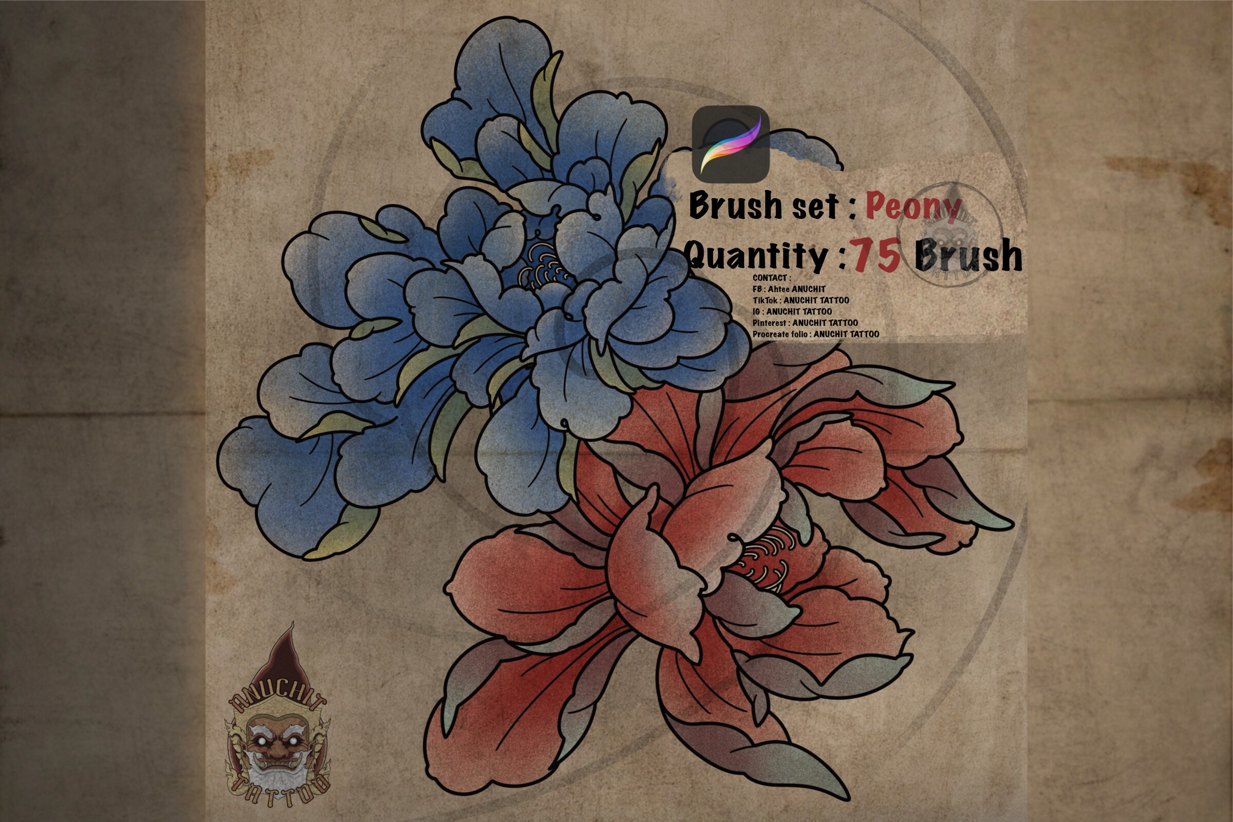 Peony Japanese Procreate Stamp Brush Graphic by AnuchitTATTOO ...