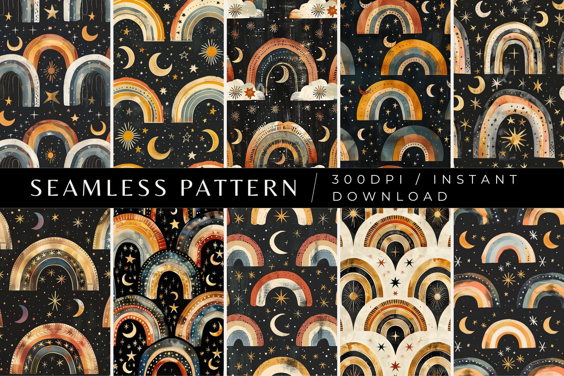 Dark Boho Rainbow Seamless Patterns Graphic by Inknfolly · Creative Fabrica