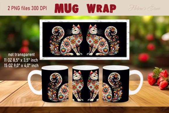 Floral Cat Mug Wrap Sublimation Designs Graphics