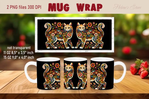 Florals Cat Mug Wrap Sublimation Designs Graphics