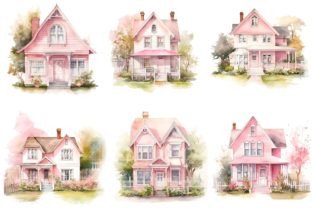 Watercolor Pink Houses Clipart Bundle Graphic by busydaydesign ...