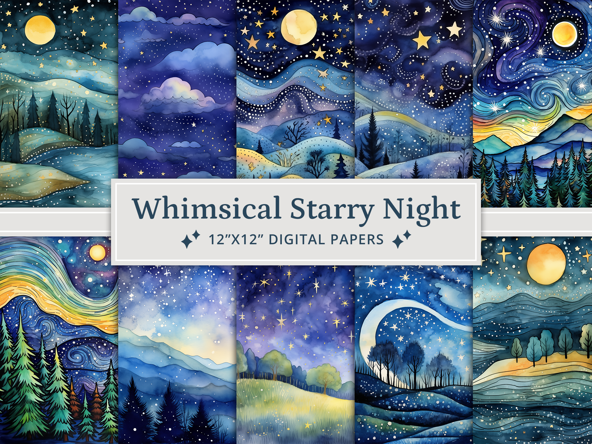 Whimsical Starry Night Digital Papers