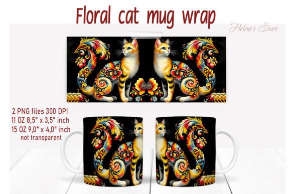 Flowers Cat Mug Wrap Sublimation Design Graphics