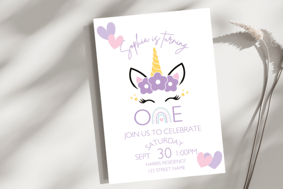 Unicorn First Birthday Invite Template