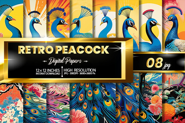 Retro Peacock Digital Papers Graphic by Hurairagraphics · Creative Fabrica