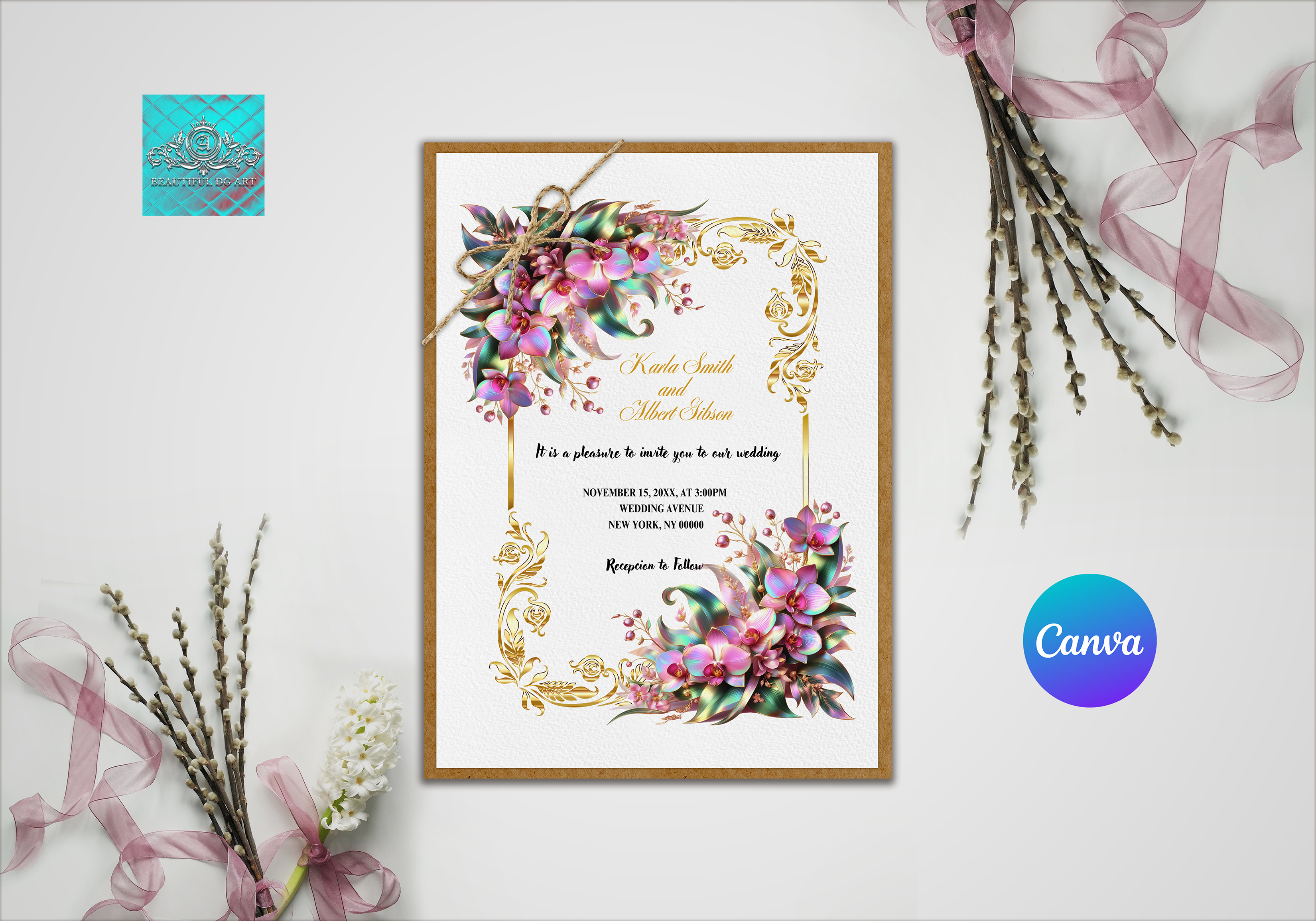 Editable Orchid Wedding Invitation