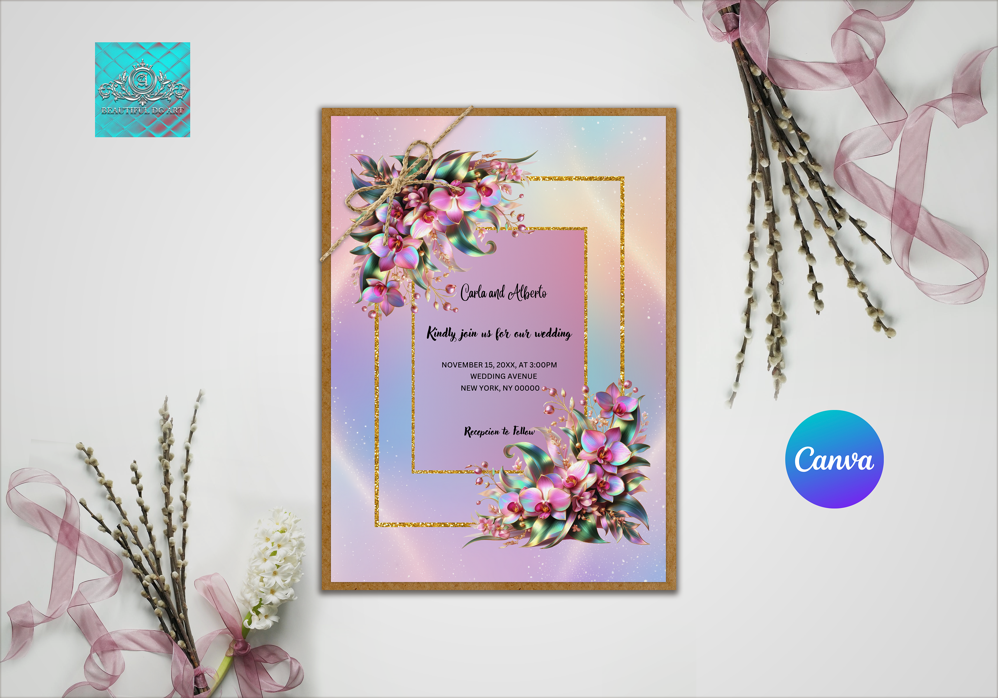 Editable Orchid Wedding Invitation