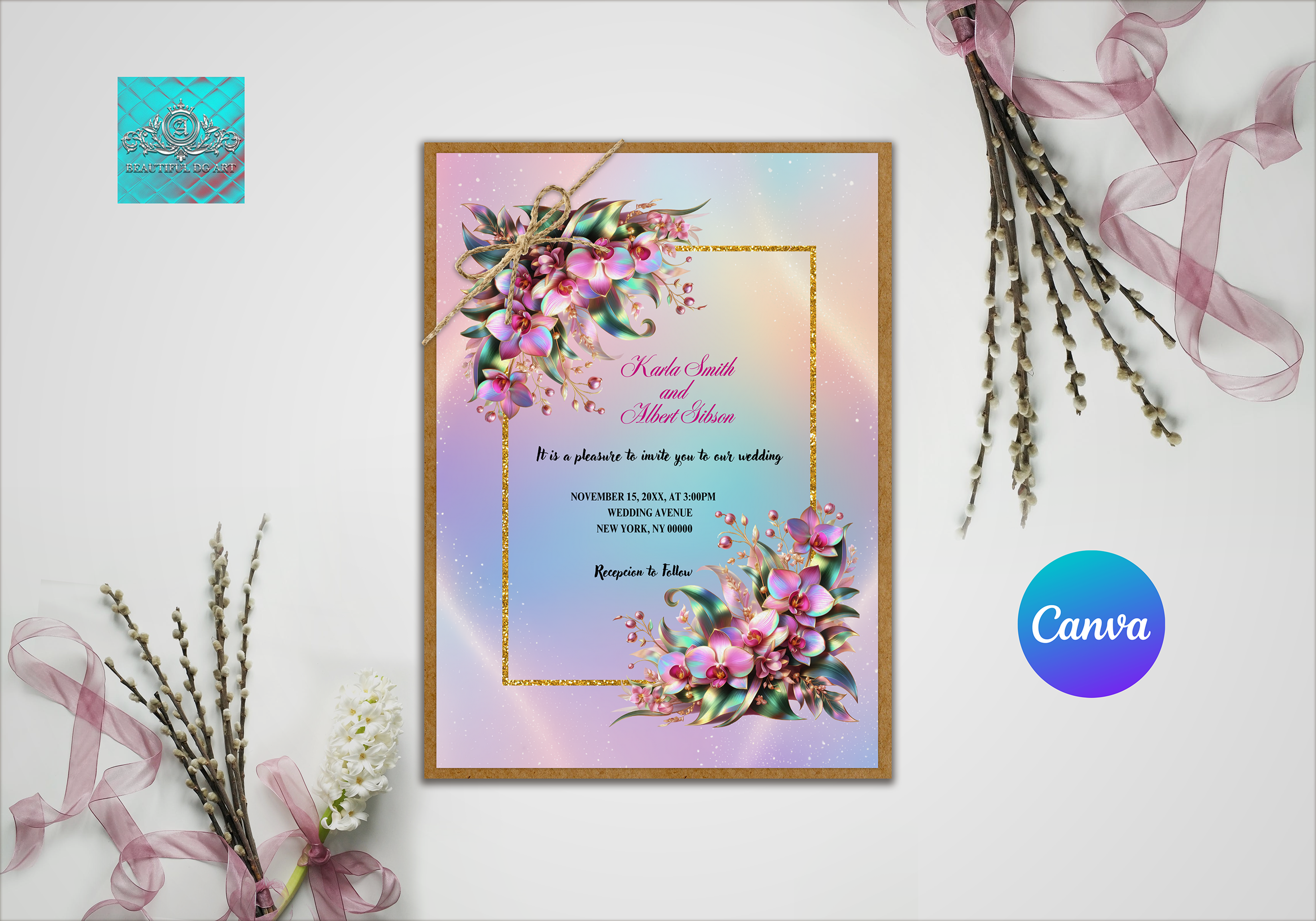 Editable Orchid Wedding Invitation