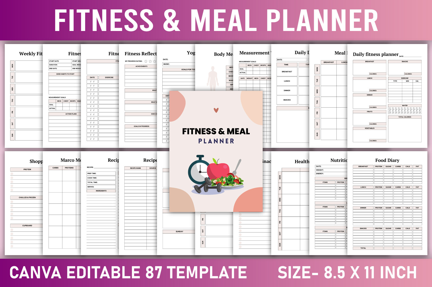 Editable Fitness & Meal Planner Canva