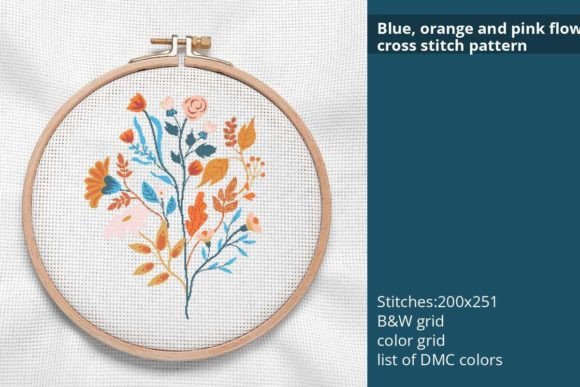 Blue, Orange, Pink Flowers Cross Stitch