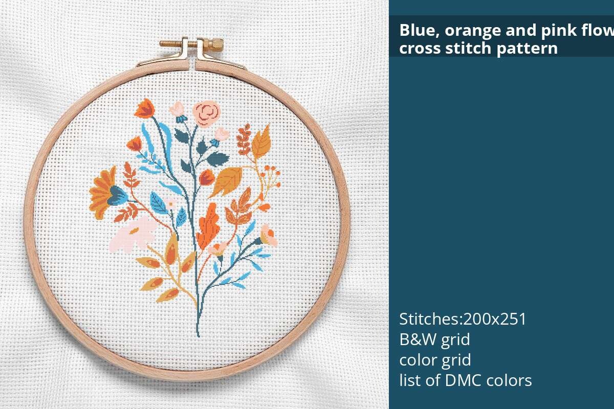 Blue, Orange, Pink Flowers Cross Stitch