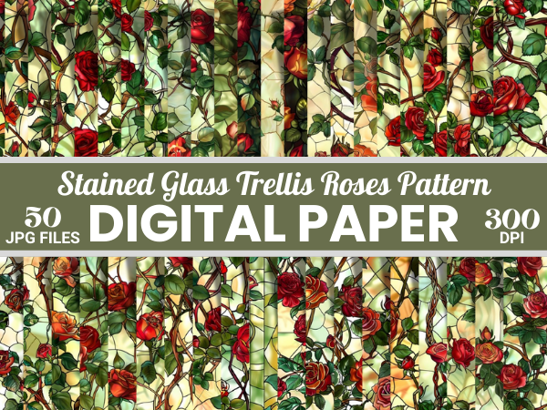 3 Roses Stained Glass Pattern Stained Glass Trellis Roses Pattern Graphic by Creative River ...