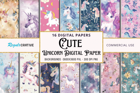 Cute Unicorn Digital Paper PNG Bundle