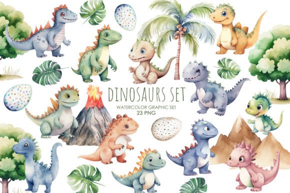 Watercolor Dinosaur Clipart. Dino Bundle Graphic by Aquarelle Space ...