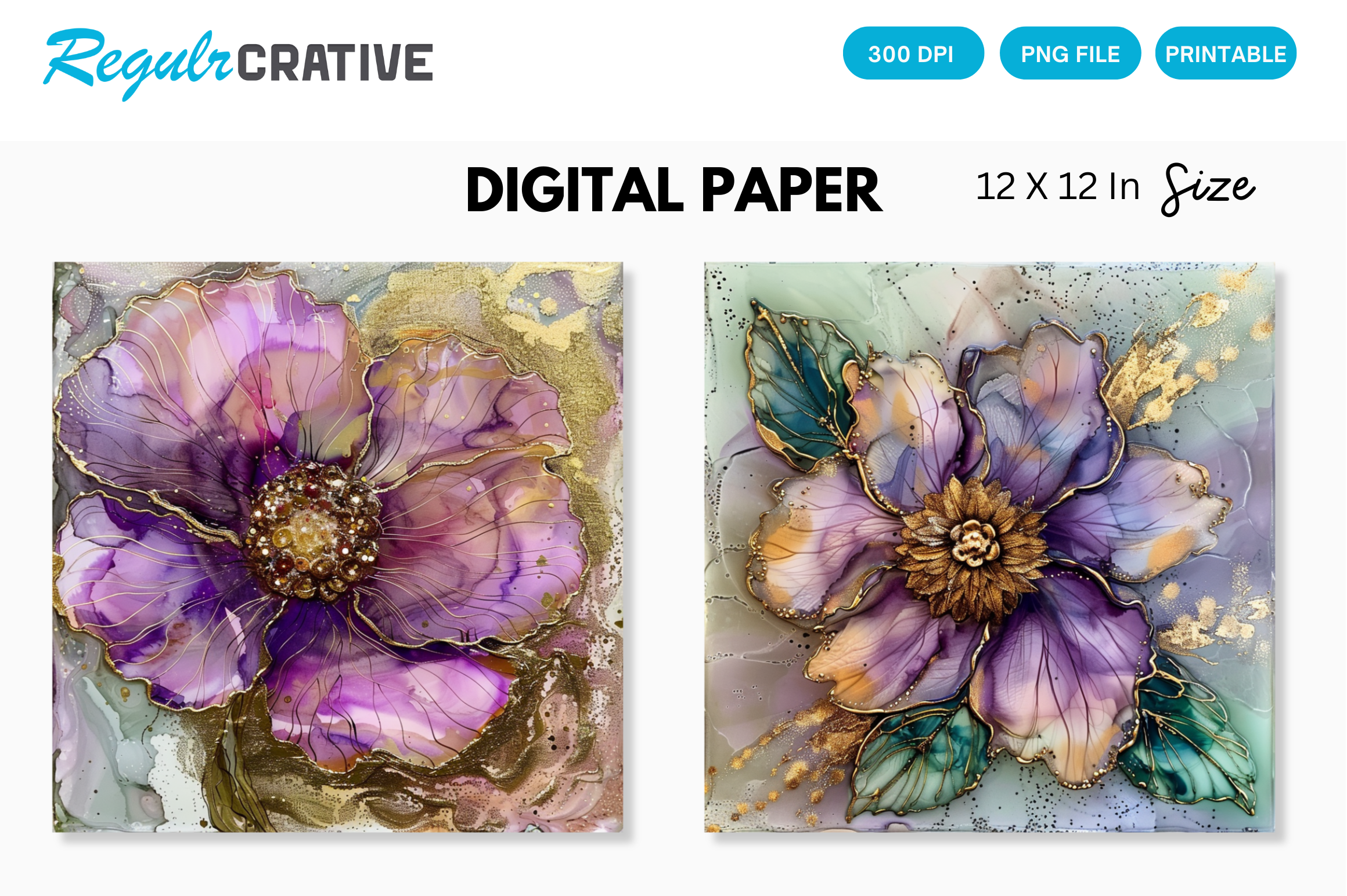 Alcohol Ink Flowers & Gold Digital Paper Graphic by Regulrcrative ...