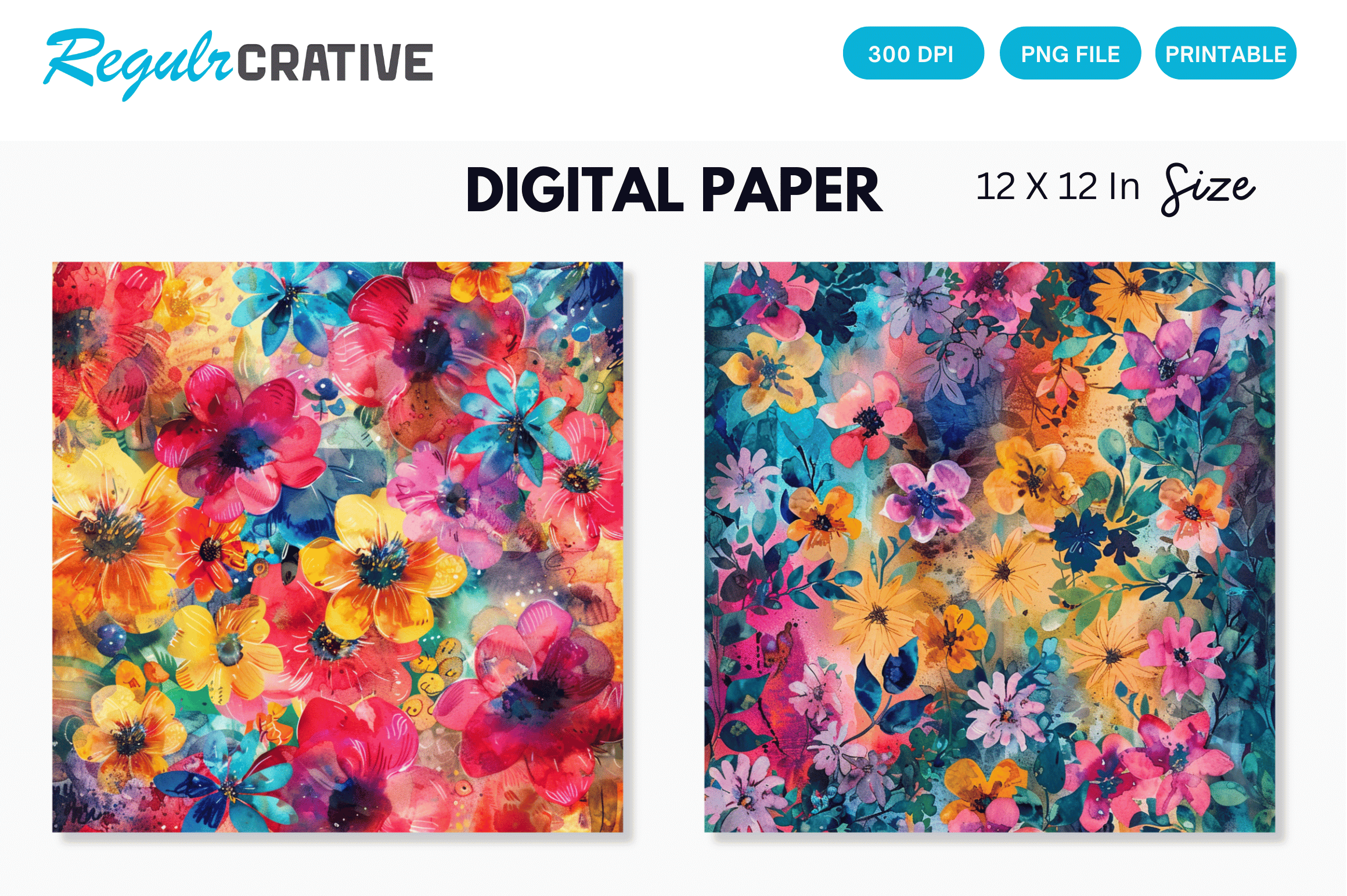 Colorful Floral Watercolor Digital Paper Graphic by Regulrcrative ...