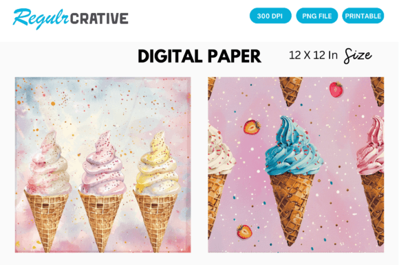 Waffle Ice Cream PNG Digital Paper Pack
