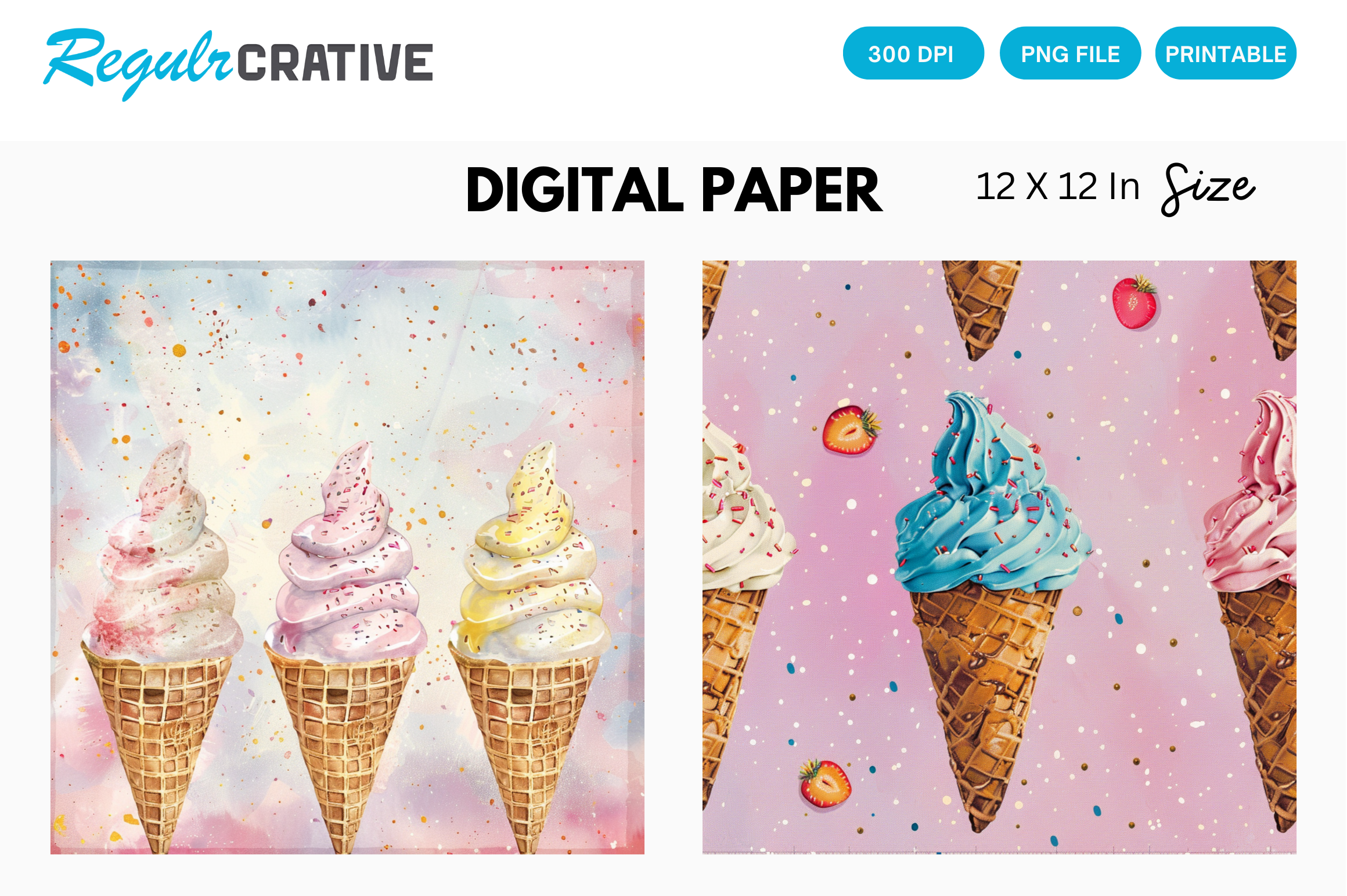 Waffle Ice Cream PNG Digital Paper Pack