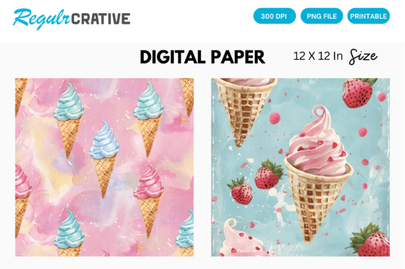 Waffle Ice Cream PNG Digital Paper Pack