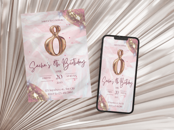 Pink 8th Birthday Invitation Template