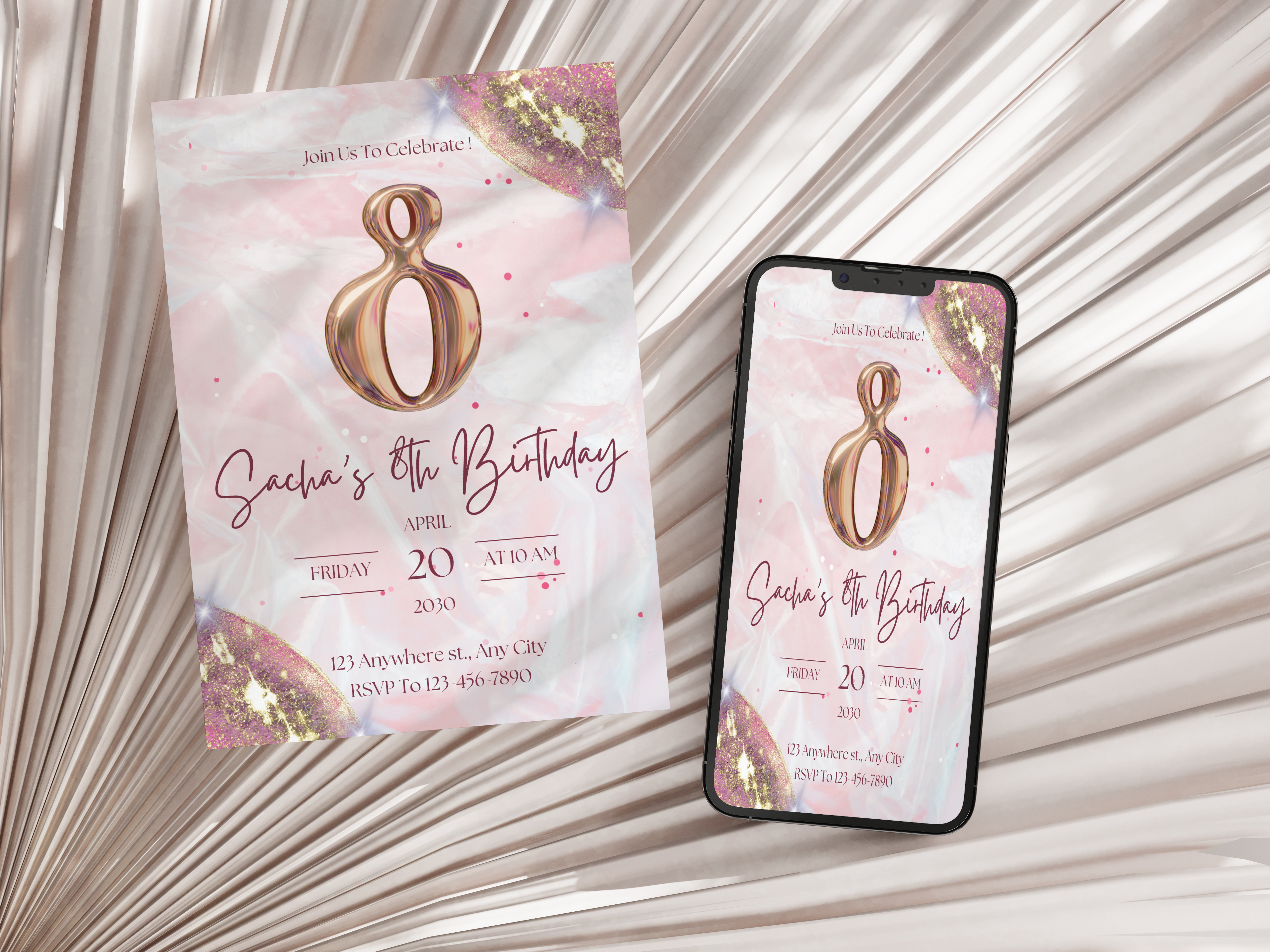 Pink 8th Birthday Invitation Template