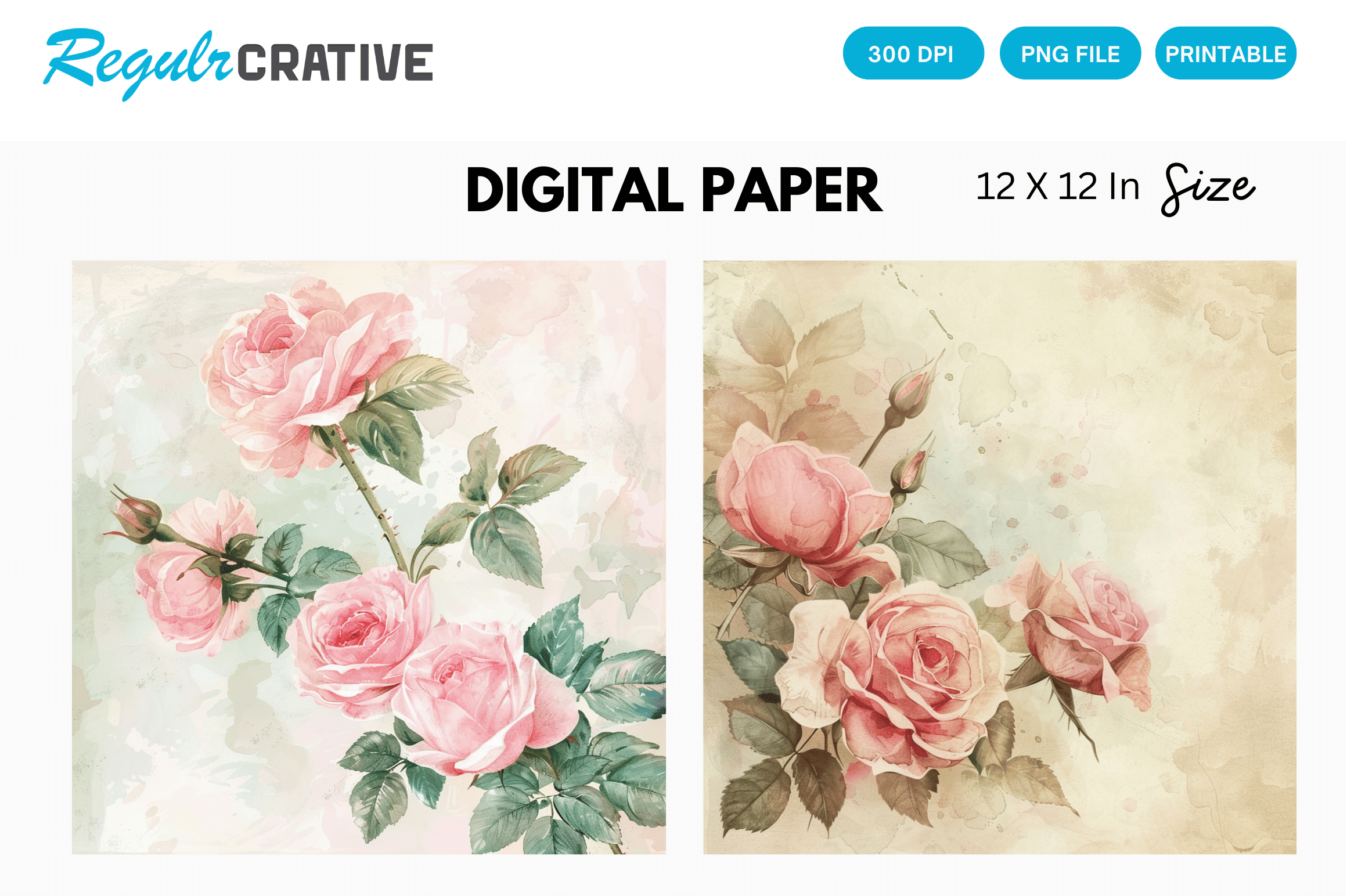 Vintage Watercolor Roses Digital Paper Graphic by Regulrcrative ...