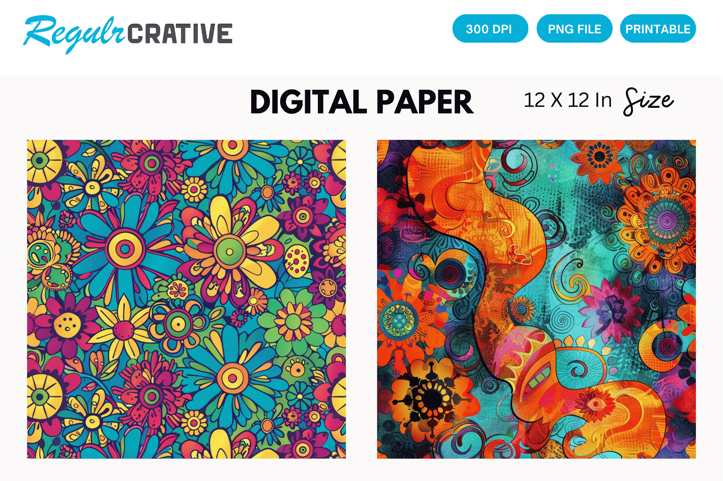 Hippie Flowers Digital Paper Pattern Graphic by Regulrcrative ...