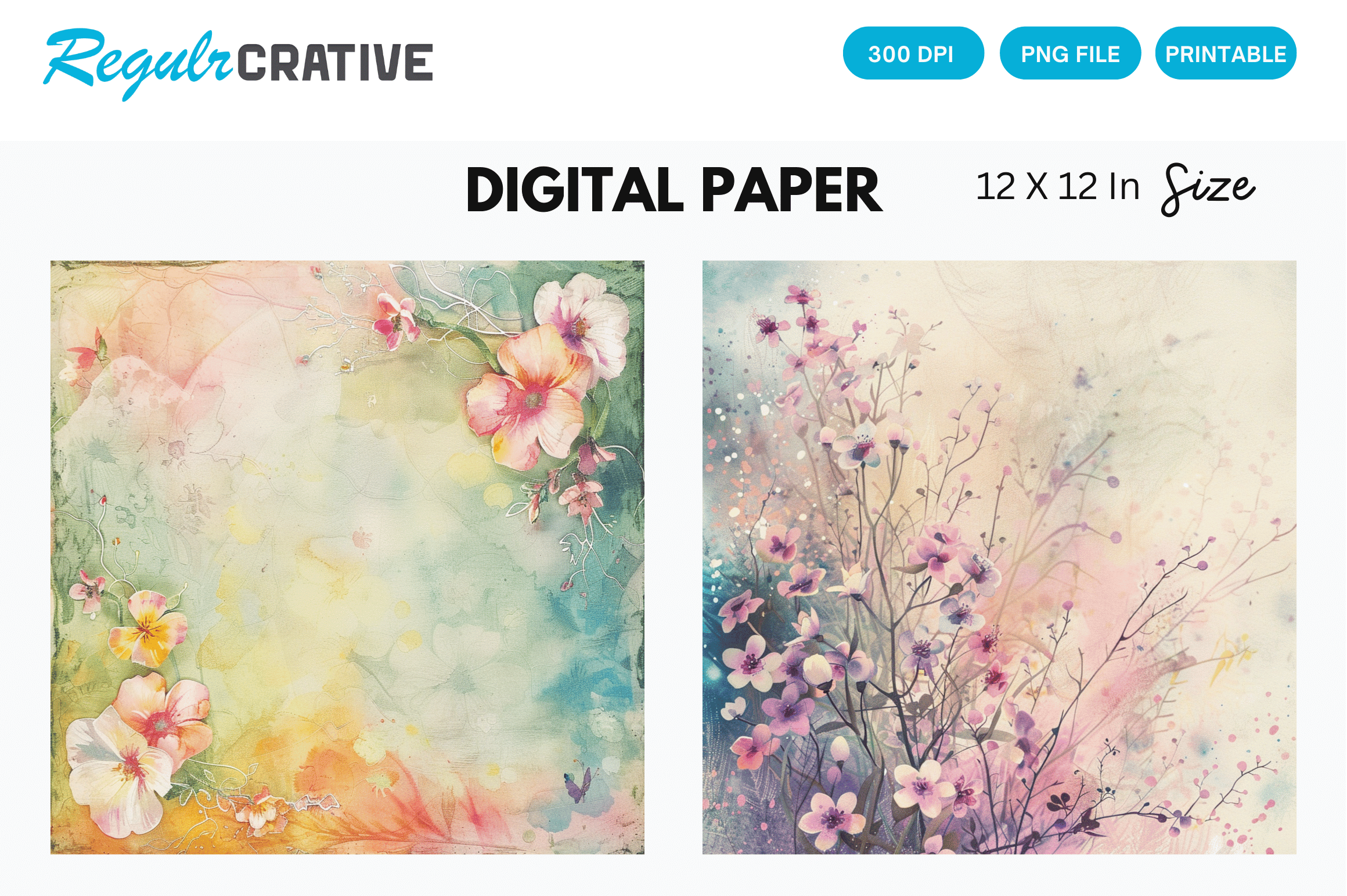 Watercolor Pastel Floral Digital Paper Graphic by Regulrcrative ...