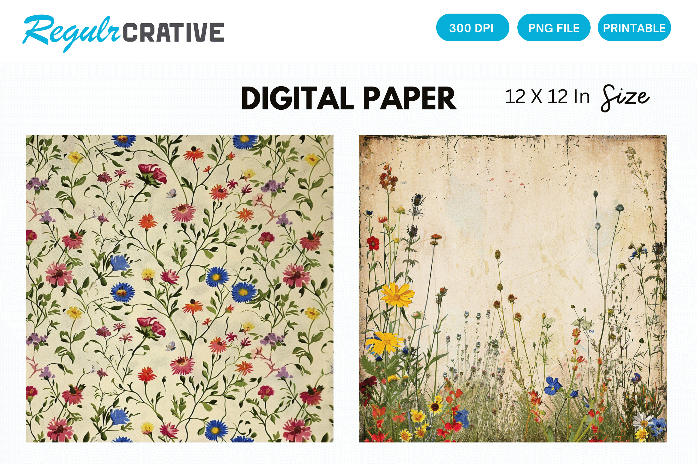 Spring Meadow Wildflower Digital Paper Graphic by Regulrcrative ...