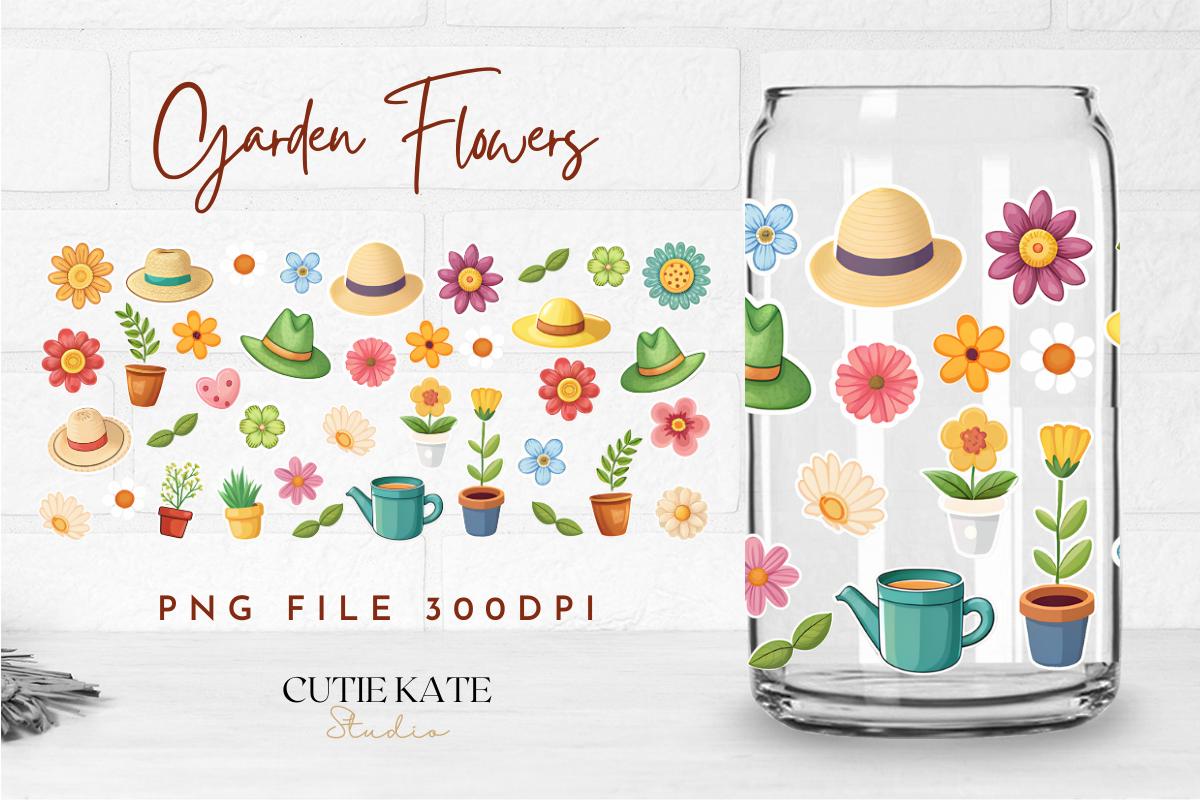 Garden Flowers Libbey Glass Can Png 16oz Graphic by Cutie Kate Studio ...