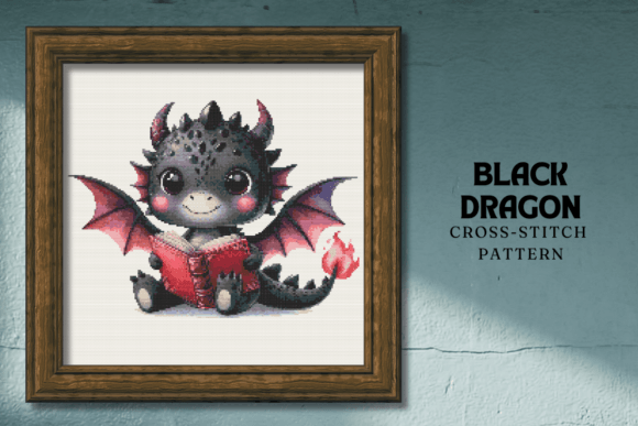 Black Baby Dragon Reading Cross Stitch
