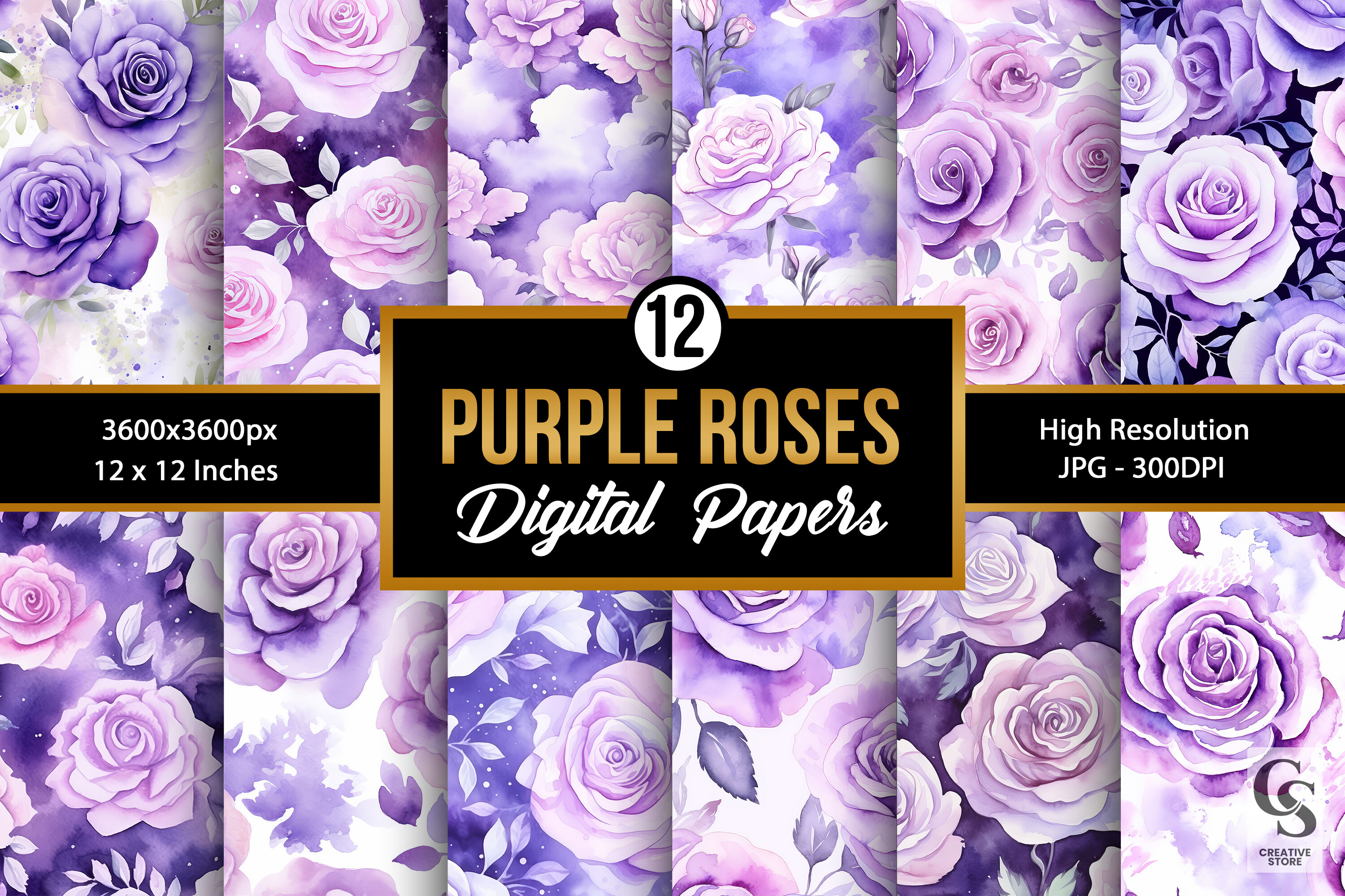 Purple Watercolor Roses Digital Papers Graphic by Creative Store ...