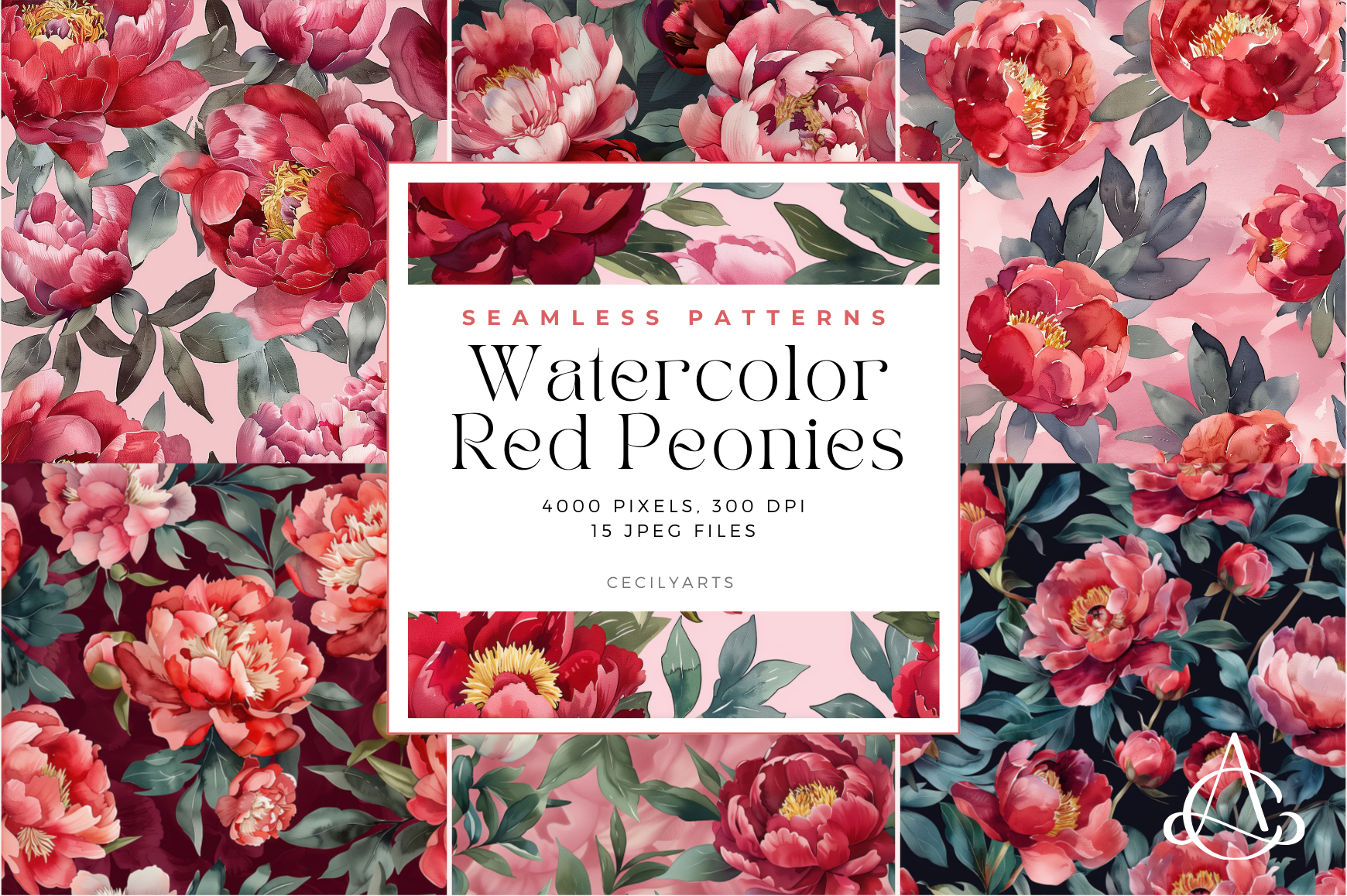 Watercolor Red Peonies Seamless Patterns Graphic by Cecily Arts ...
