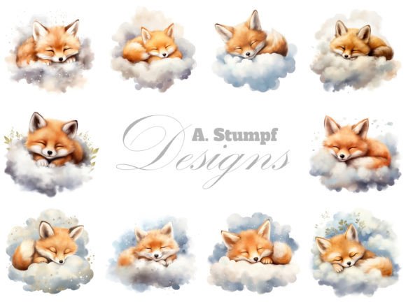 Nursery Baby Fox Sleeping Cloud Clipart