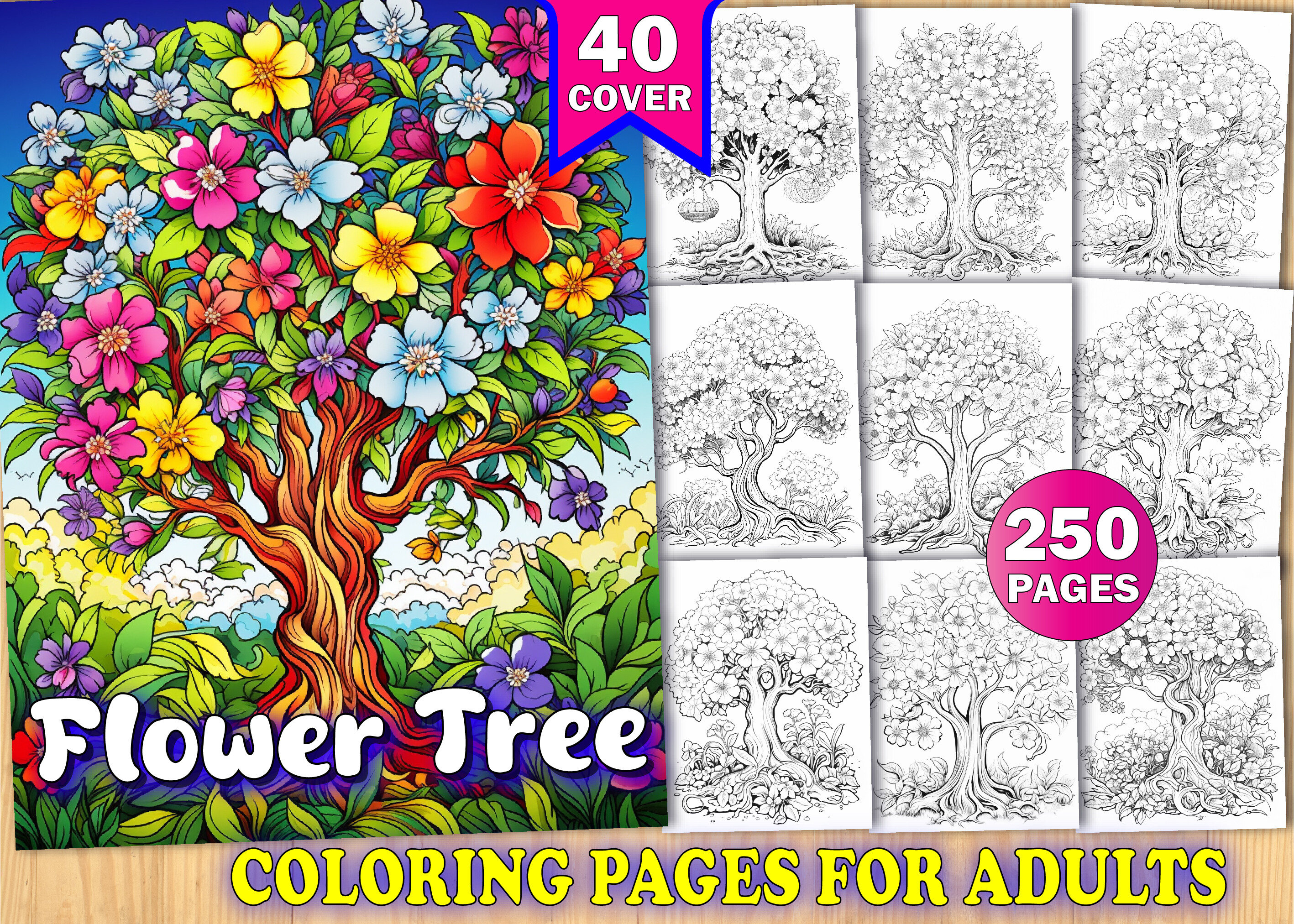 250 Flower Tree Coloring Pages Adults Graphic by PLAY ZONE · Creative ...