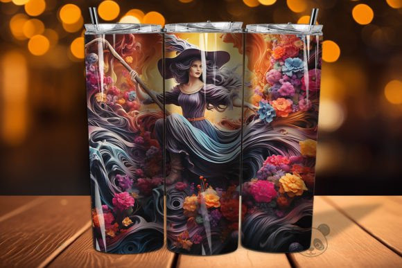 3D Witch Riding a Broom Tumbler Wrap Graphic Crafts By Pandastic
