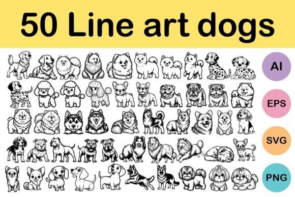 Fifty single-line dog breed face outline pack including golden retriever for Cricut crafters