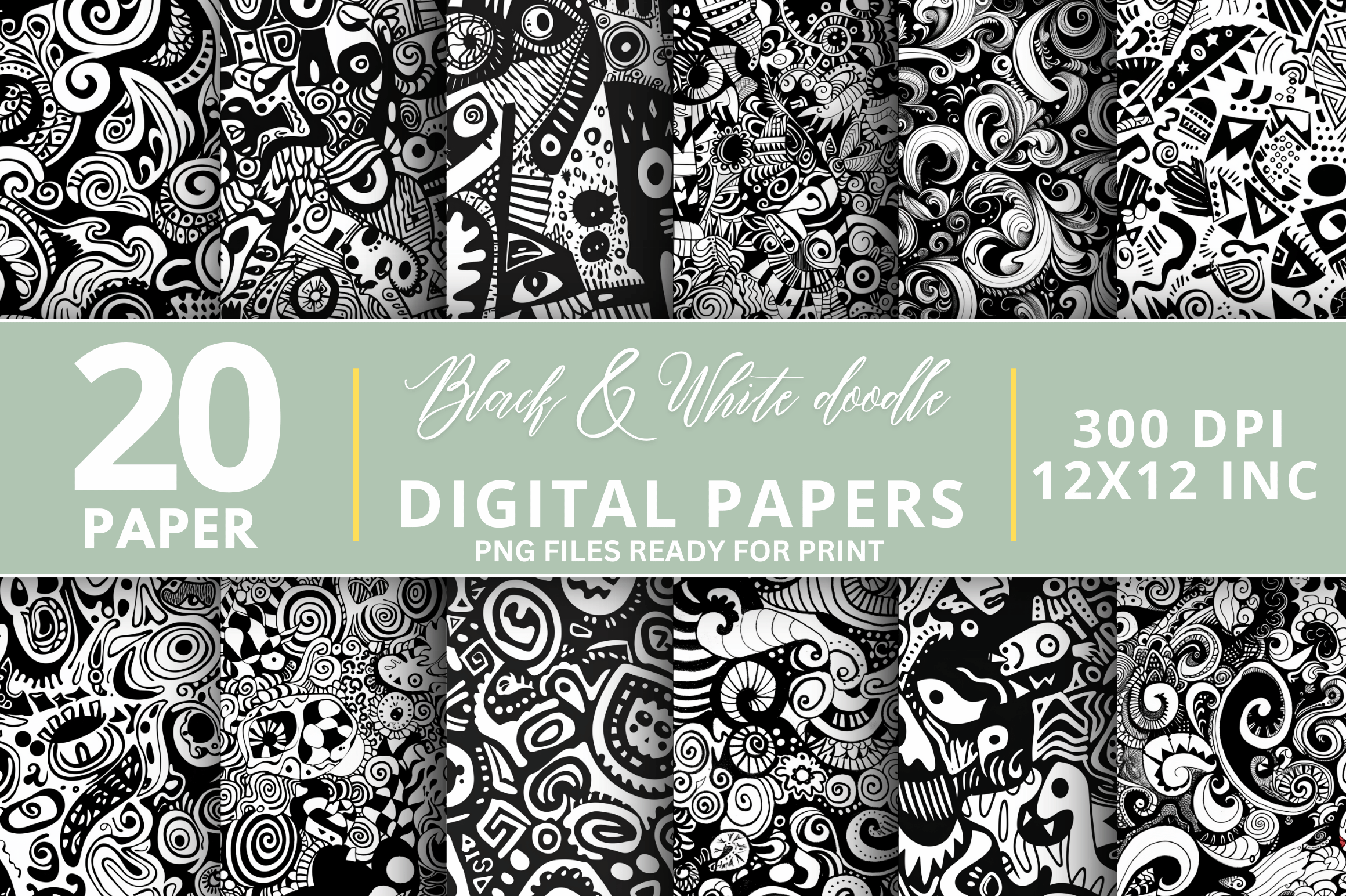Black & White Doodle Digital Paper Bundle Graphic by Regulrcrative ...