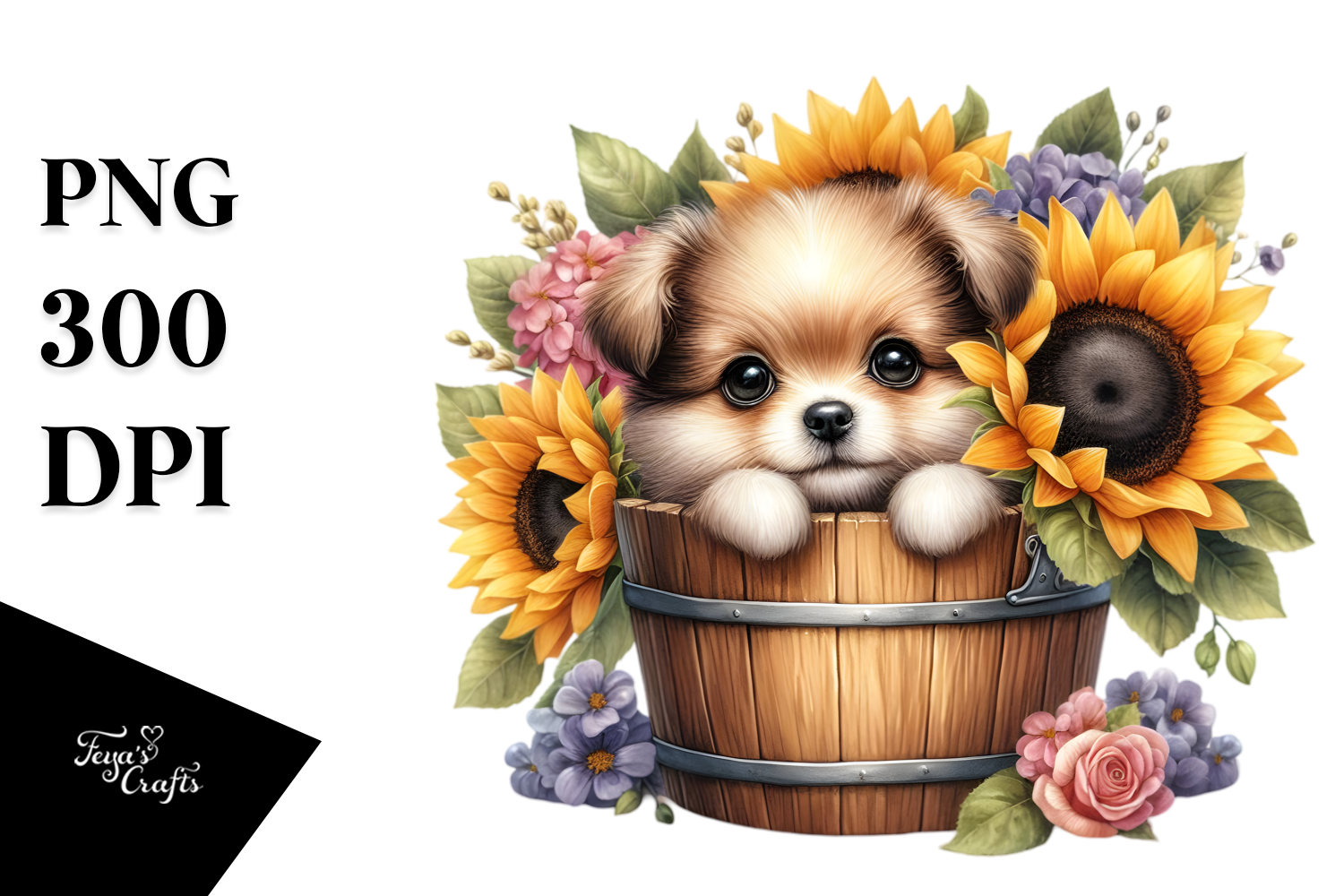 Cute Dog in Sunflower Bucket PNG Graphic by Anastasia Feya · Creative ...
