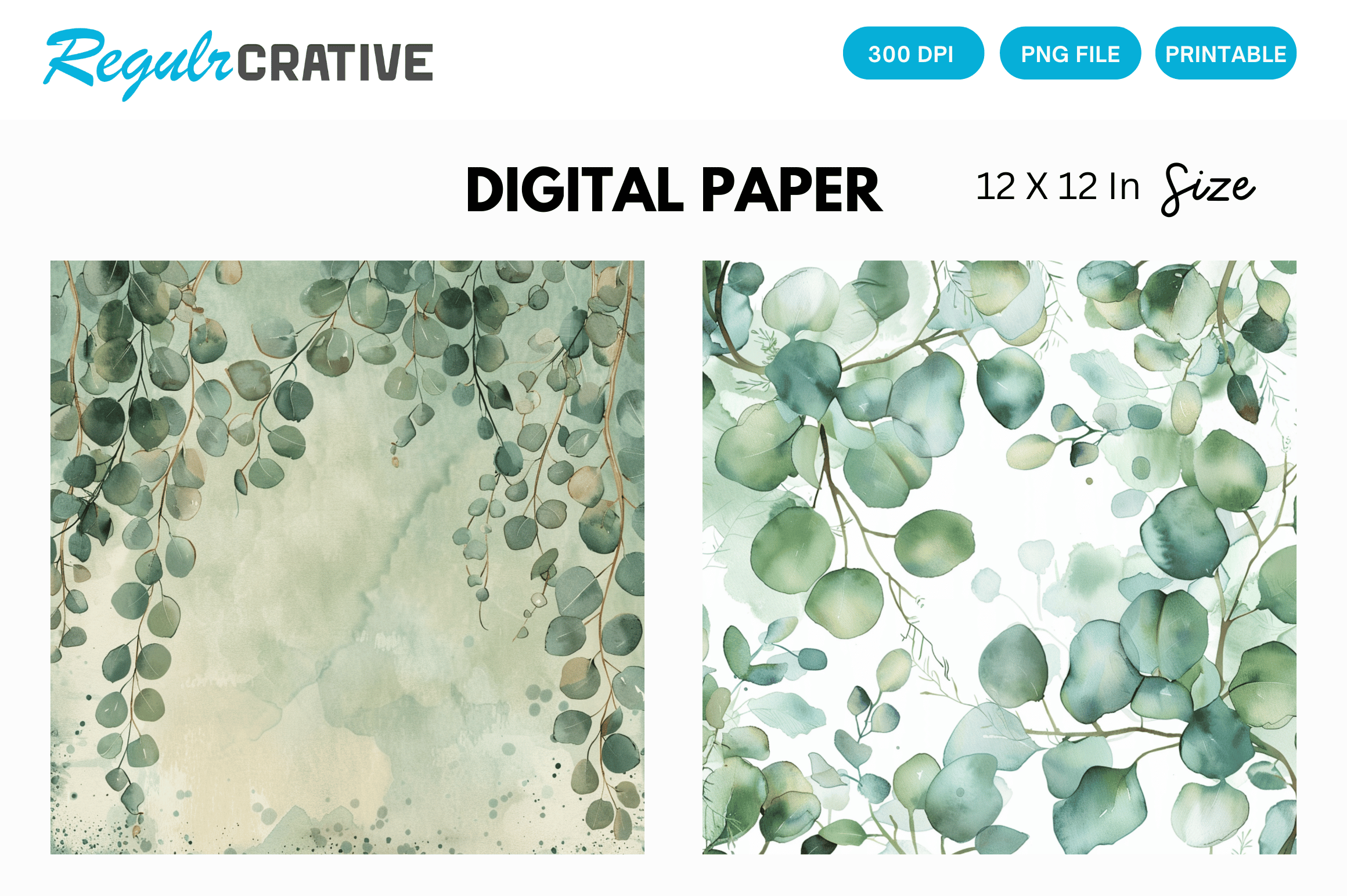 Eucalyptus Watercolor Digital Paper Pack Graphic by Regulrcrative ...