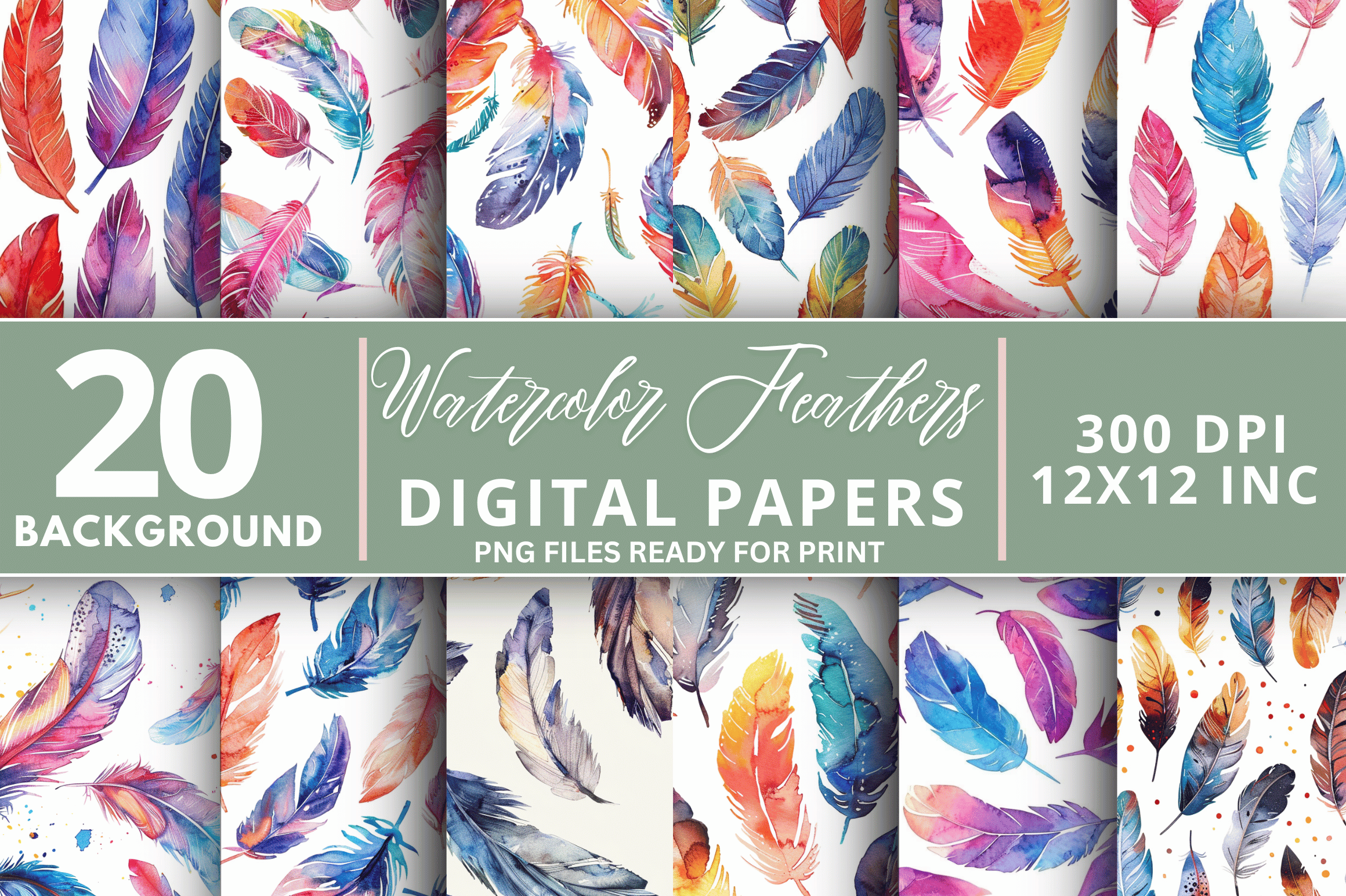 Watercolor Feathers Digital Paper Bundle Graphic by Regulrcrative ...
