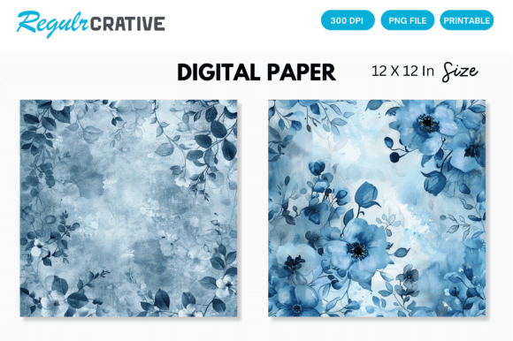 Blue Dusty Blue Floral Digital Paper Graphic by Regulrcrative ...
