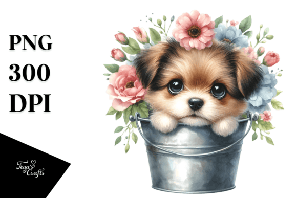 Cute Baby Dog in Bucket with Flowers Graphic by Anastasia Feya ...