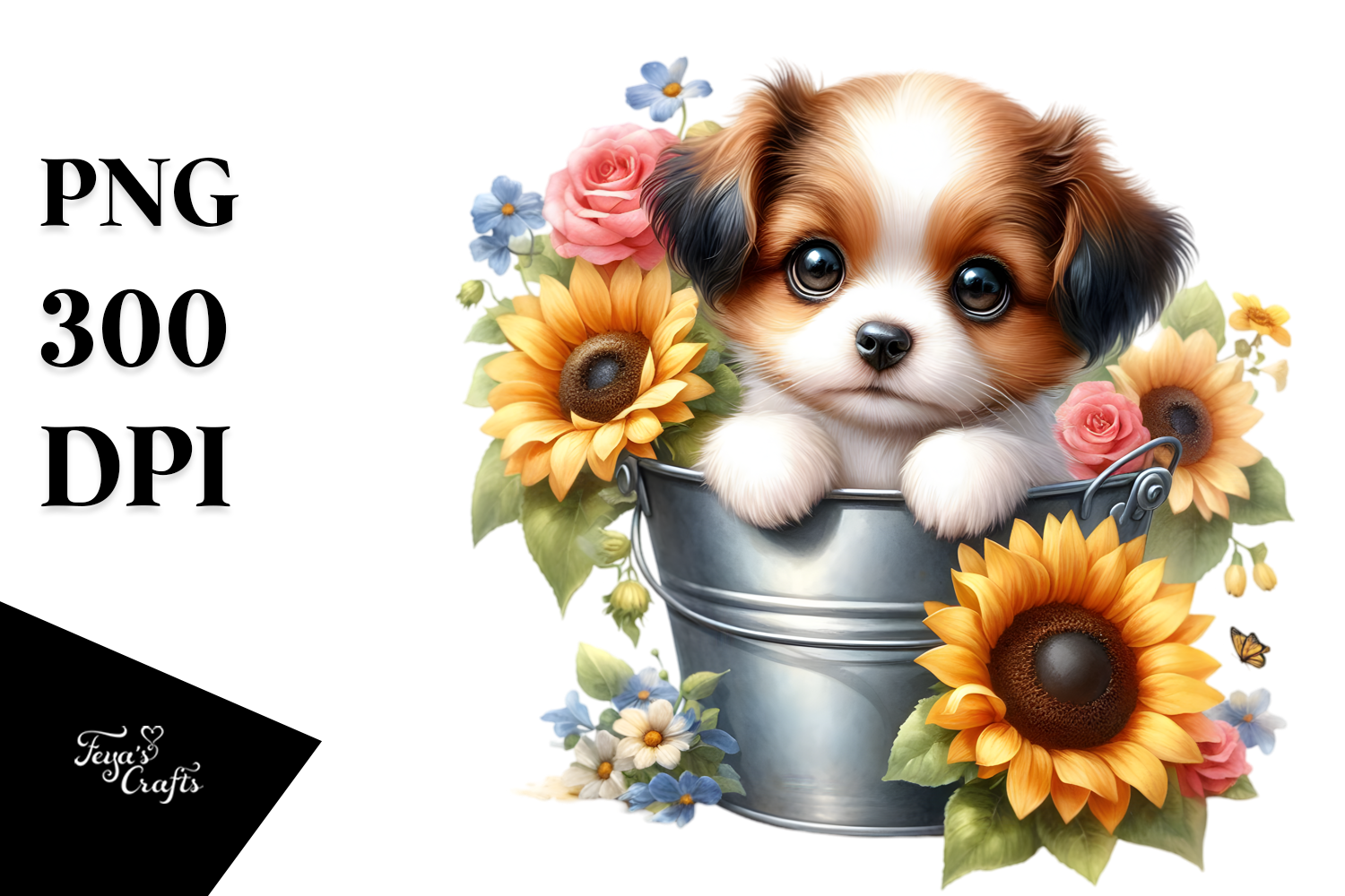 Cute Baby Dog with Sunflower Bucket PNG Graphic by Anastasia Feya ...
