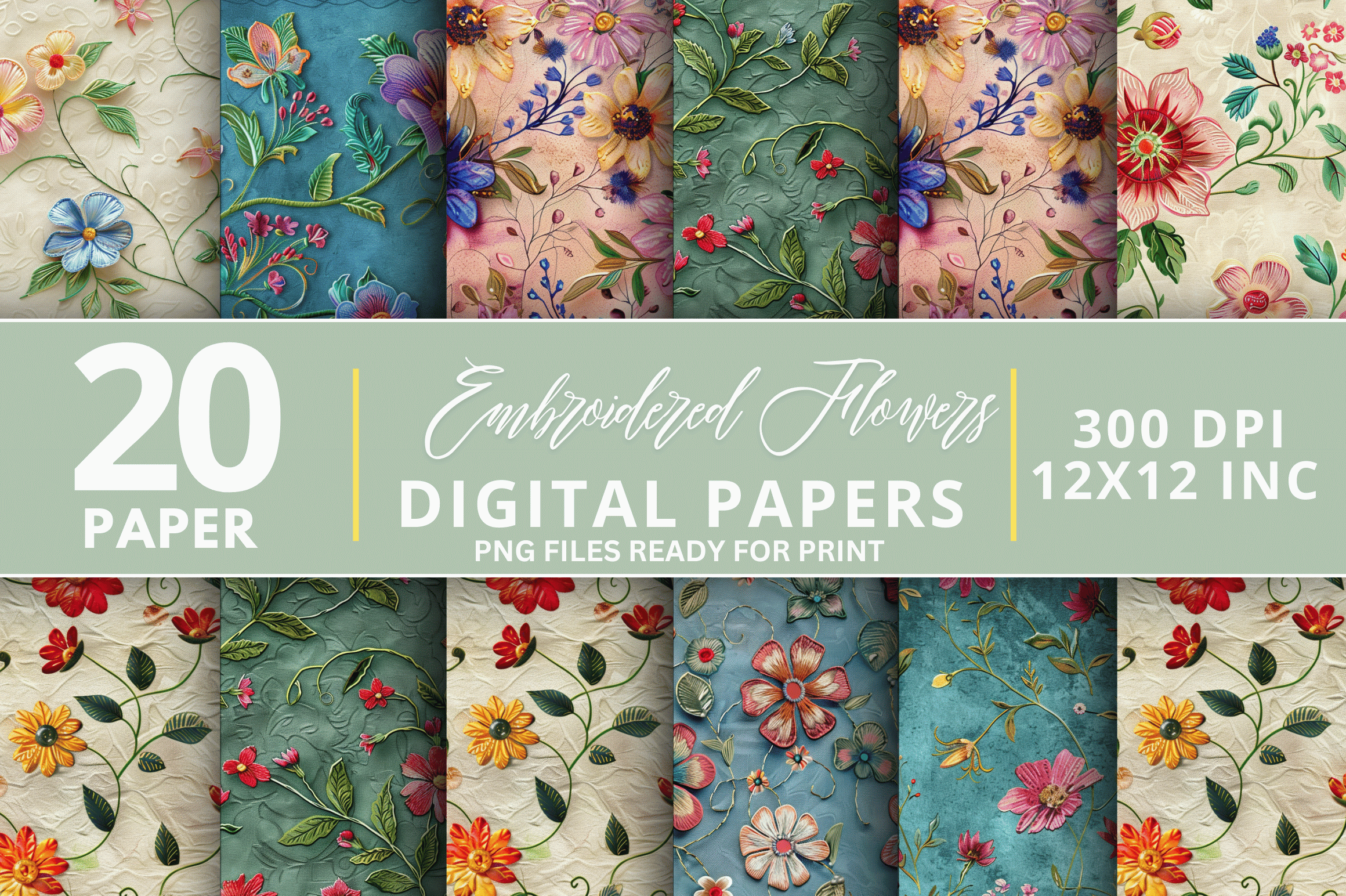Embroidered Flowers Digital Paper Bundle Graphic by Regulrcrative ...