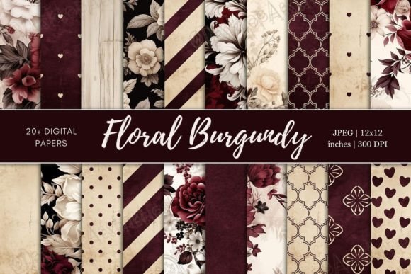 Floral Burgundy Digital Paper Bundle