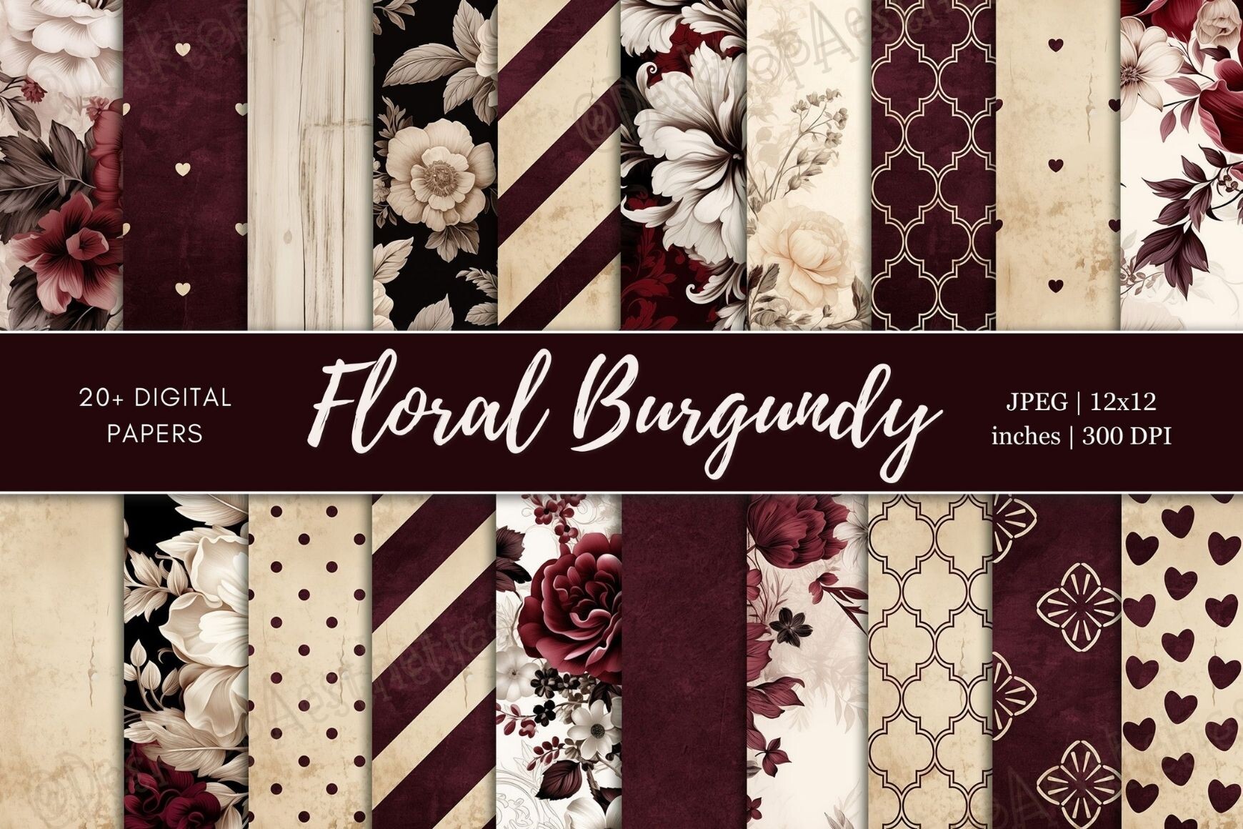Floral Burgundy Digital Paper Bundle