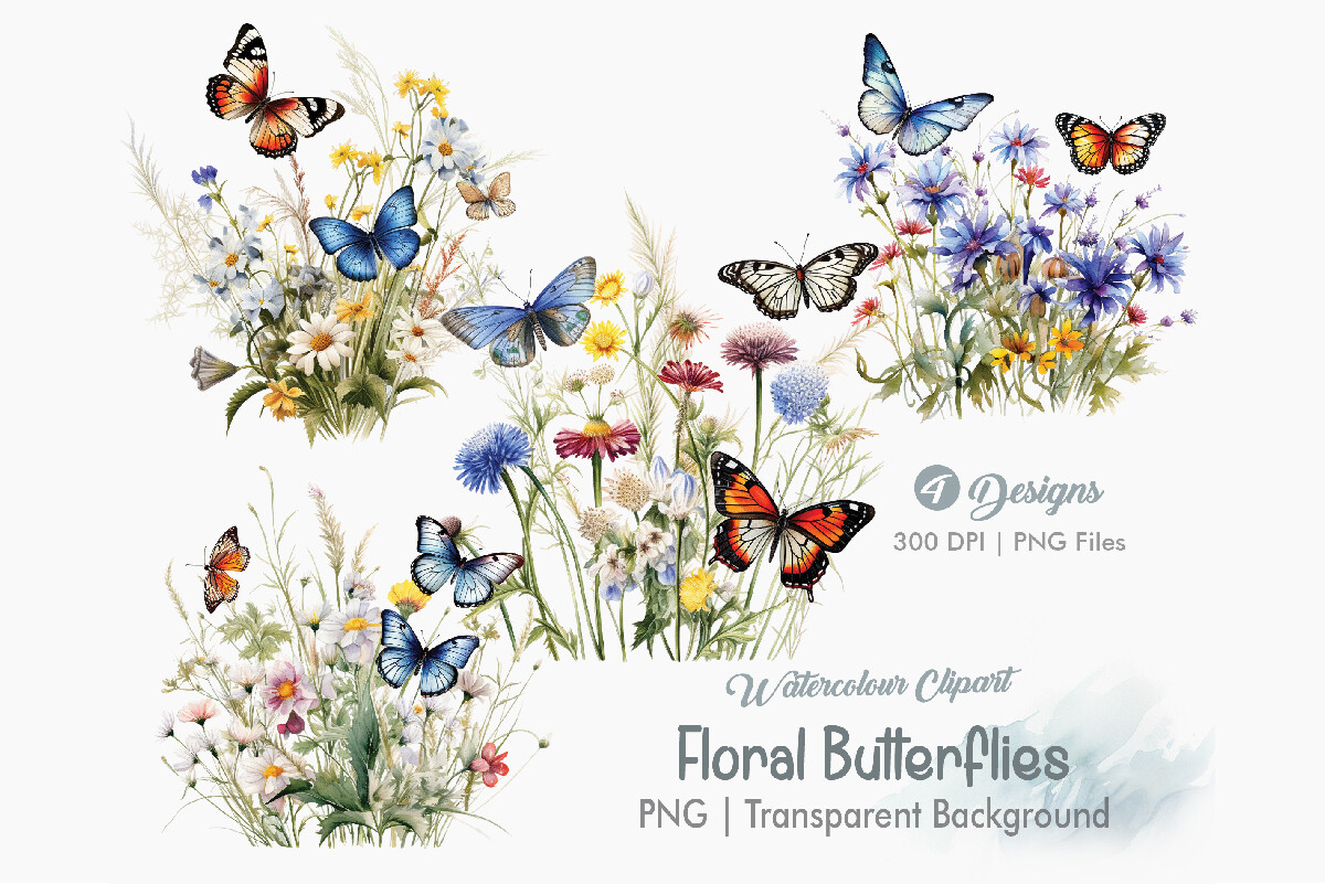 Floral Butterflies Clipart, PNG Bundle Graphic by Creationx Space ...