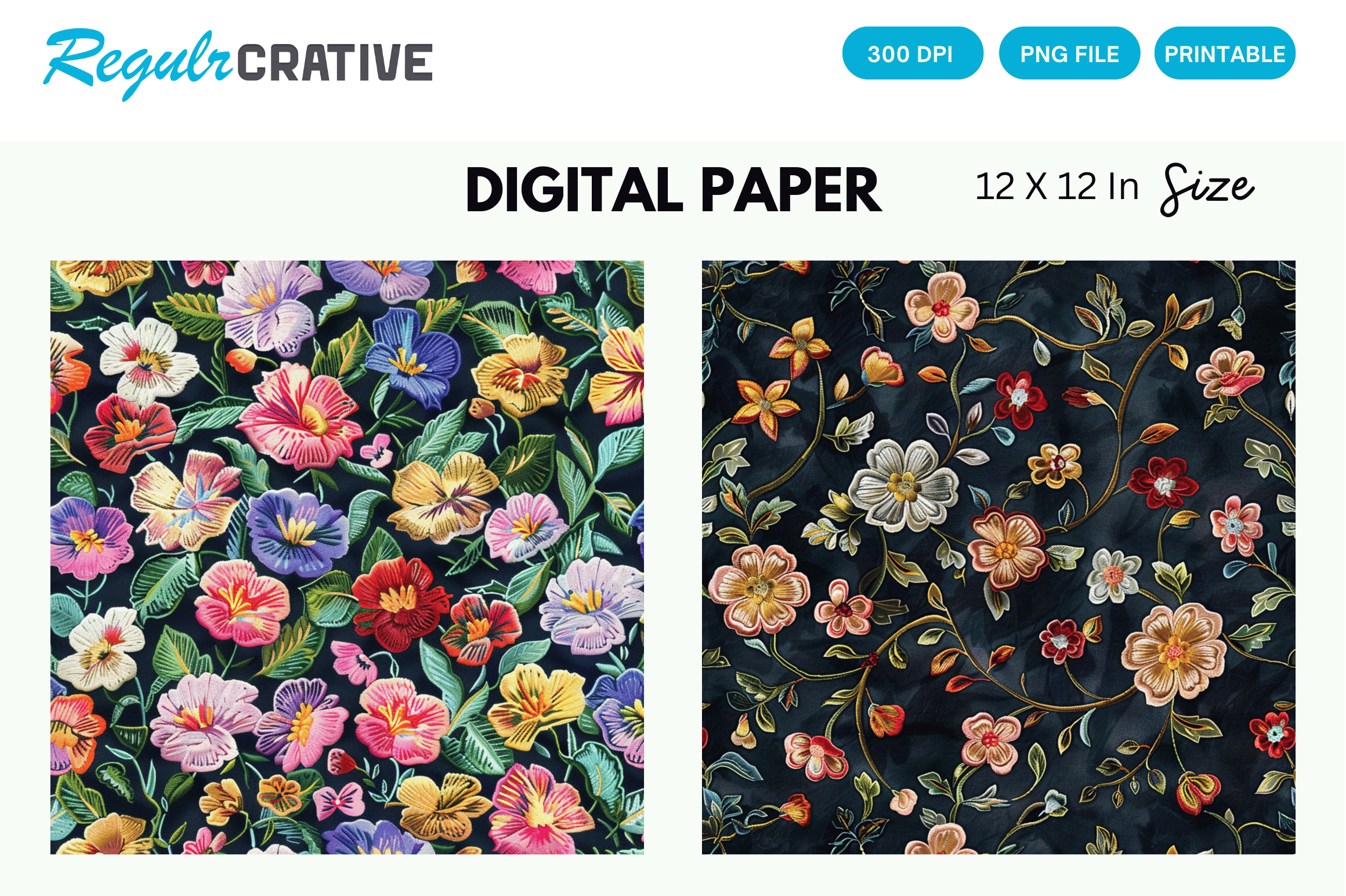 Floral Embroidery Digital Paper Pack Graphic by Regulrcrative ...